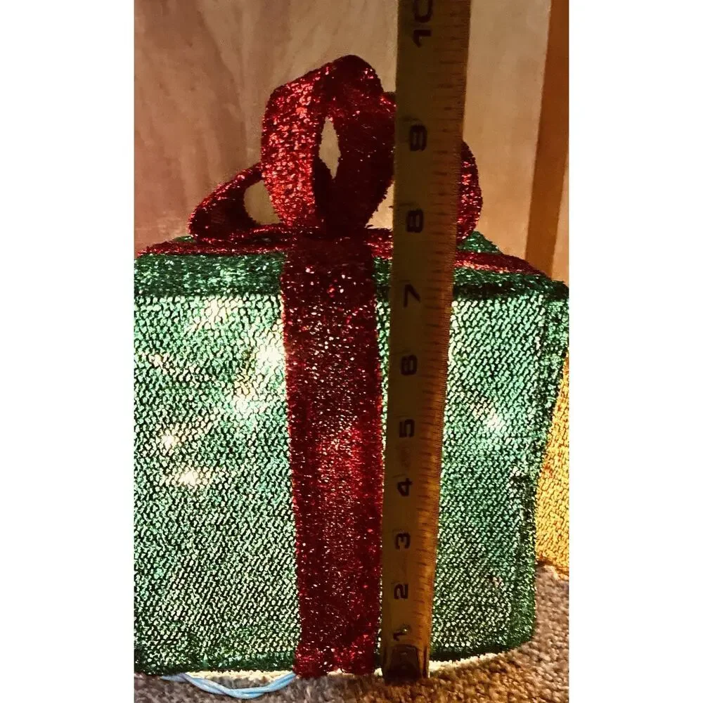 Three Mesh Collapsible Lighted Top Bows Wrapped Gifts Red, Grn Gold Christmas